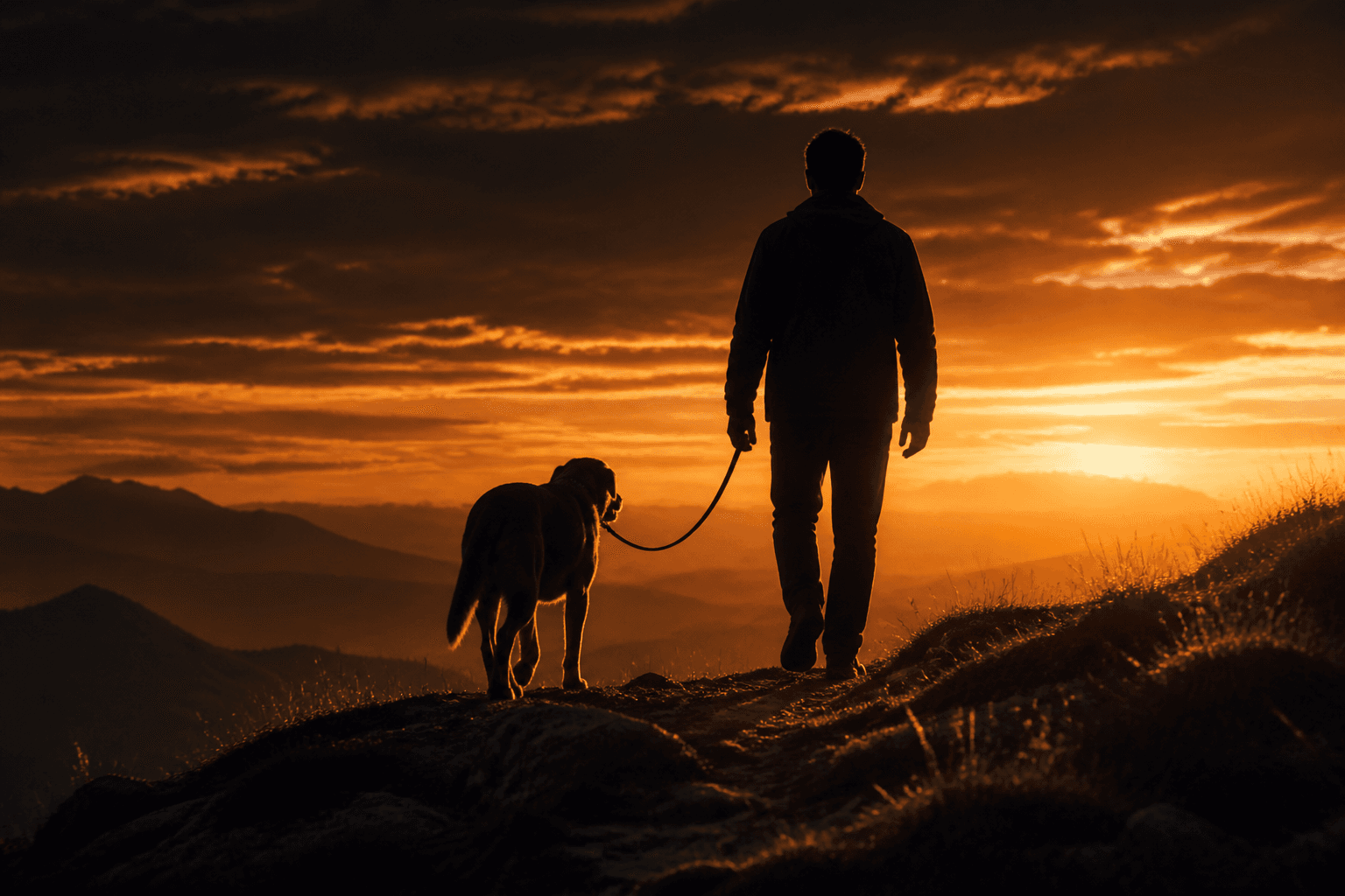 A dog and their person walking at dusk